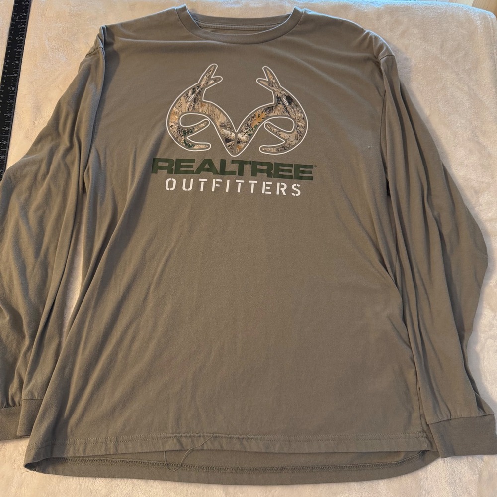 Realtree Outfitters Mens XL Olive Green Long Sleeve Camo Antler Logo Graphic Tee